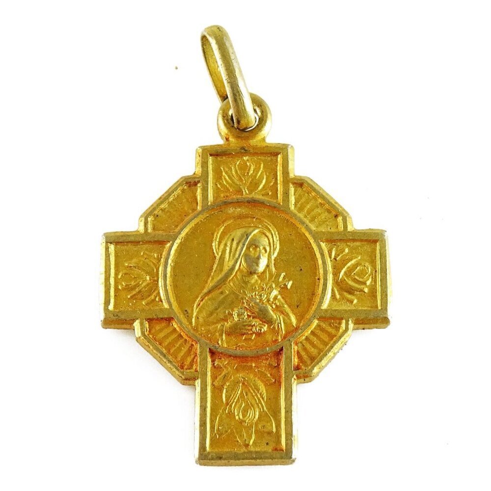 St Therese Cross Medal Pendant Goldtone Shower of Roses French Quote